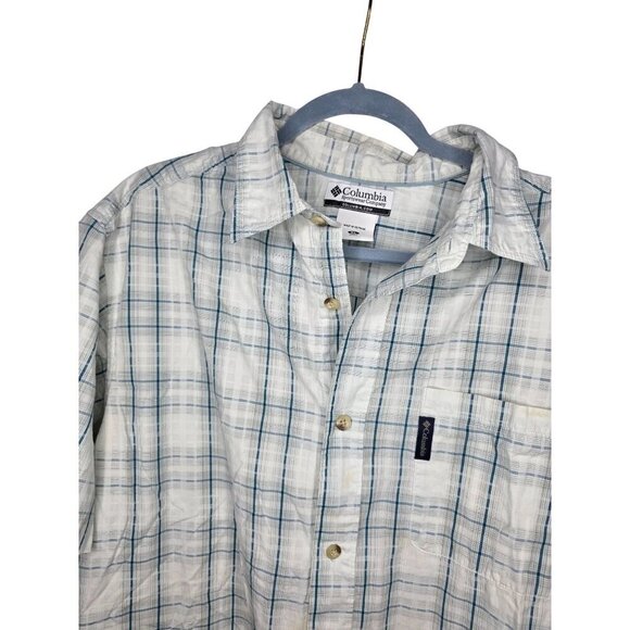 Columbia Mens XL White Blue Cotton Short Sleeve Button Fishing Hiking Shirt - Picture 7 of 16